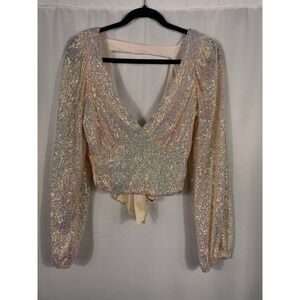 Willow + Root Iridescent Sequin Crop Top Long Puff Sleeve Back Tie Blouse Womens